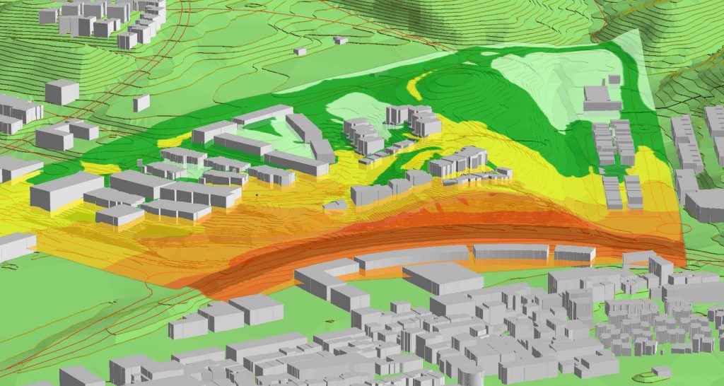 Vista 3D de un mapa de ruido CNOSSOS-EU